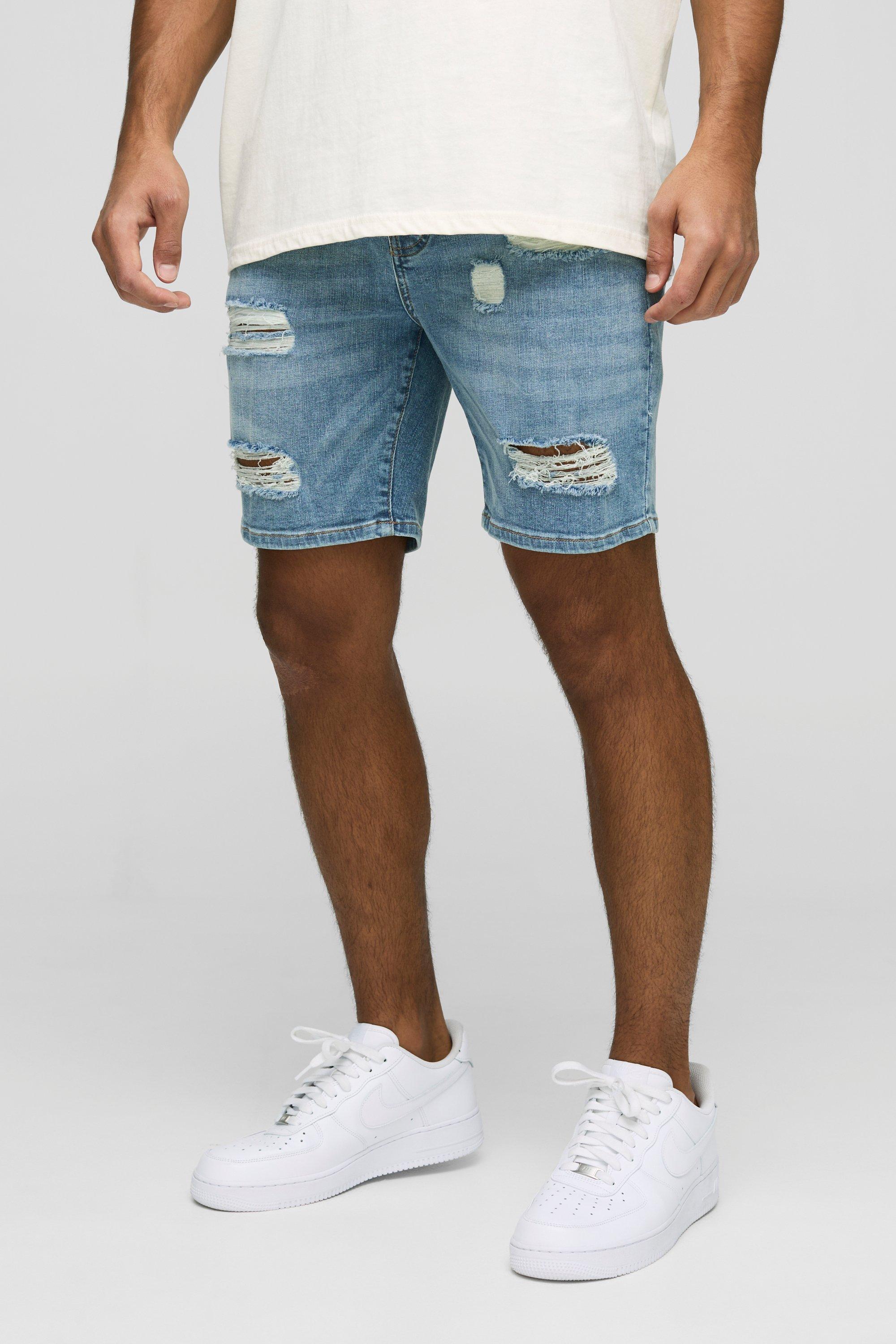 Skinny Fit Ripped Washed Light Blue Denim Shorts